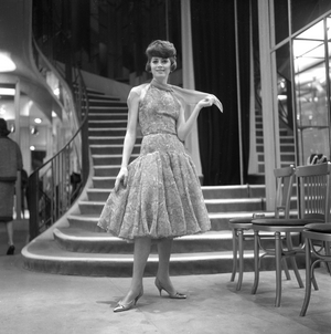 Chanel spring summer fashion collection 1961 with a vaporous chiffon dress printed with pink and green flowers, February 15, 1961 (photo)