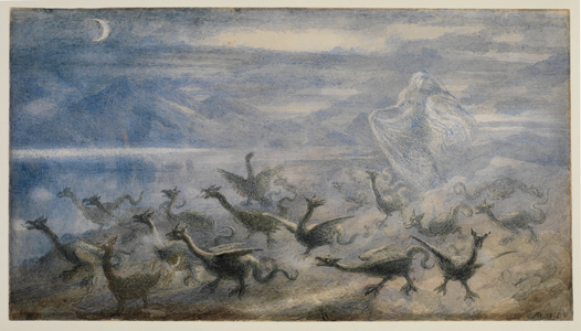 Moonlit landscape, with a witch and young dragons, 1876 (traces of graphite, w/c on wove paper, framed in brown wash)
