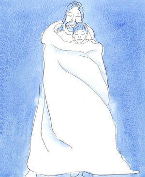 Christ stands by us in Holy Communion, wrapping us in His cloak, as a man cloaks a friend in a storm, to hold His friend close and to give him protection, warmth and consolation., 2004 (w/c on paper)