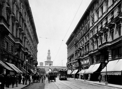 Milan, Via Dante And View of the Castello Sforzesco, 1911 (b/w photo)