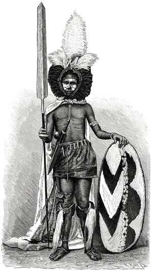 Massai Warrior in Full Regalia, Africa, Illustration, 1885