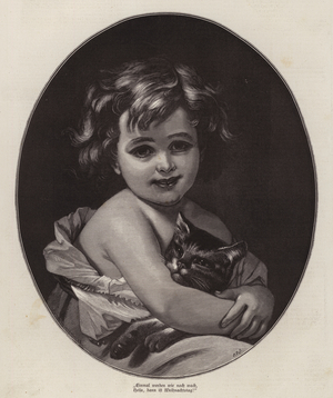 Little girl looking forward to Christmas with her pet cat (engraving)