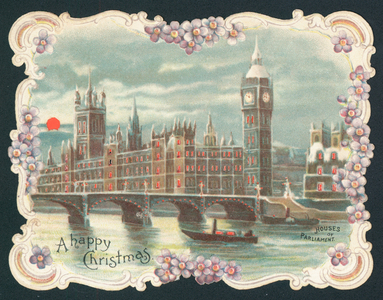 Houses of Parliament in winter, Christmas Card (chromolitho)