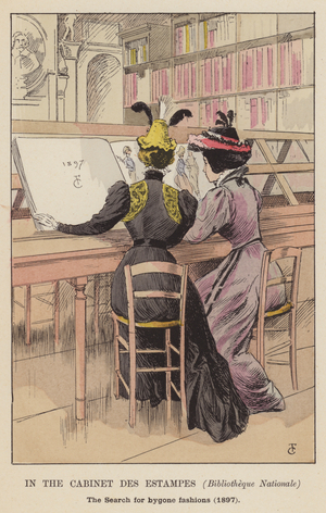 In the Cabinet des Estampes, Bibliotheque Nationale, the search for bygone fashions, 1897 (colour litho)