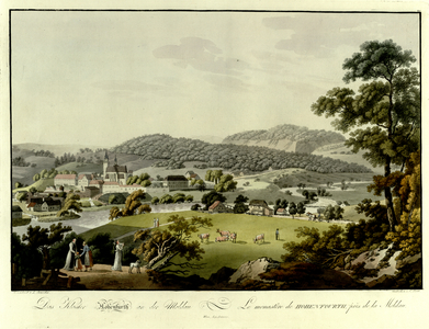 A woman and her young daughter encounter two monks on a road in the foreground, with a shepherd looking after his herd in a field by the Vltava River beyond. The town of VyÅ¡Å¡Ã­ Brod and its monastery on the opposite bank of the river is shown in the background