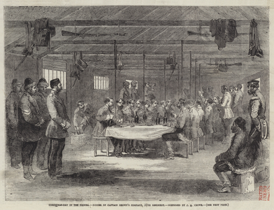 Christmas-Day in the Crimea, Dinner of Captain Brown's Company, 57th Regiment (engraving)