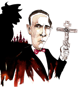 Mikhail Bulgakov, Russian writer and playwright; caricatured in the shadow of dictator Joseph Stalin, with a crucifix in reference to Bulgakov's novel 'The Master and Margarita' (of 1928-'40)