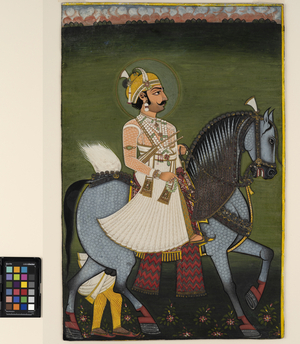 A thakur of Jhilai on horseback, 1760-70  (opaque w/c and gold on paper)