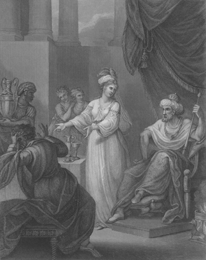 Esther accusing Haman, Esther 7, Verse 1-10 (engraving)