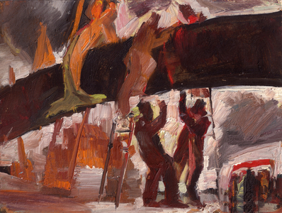 Laying the Gas Pipes, 1977 (oil on paper)