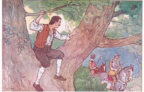 King Charles II and the oak tree, from A Nursery History of England published by Nelson and Sons, c. 1940 (colour litho)