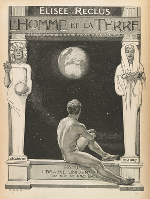 An illustration showing a naked male figure looking towards Earth.