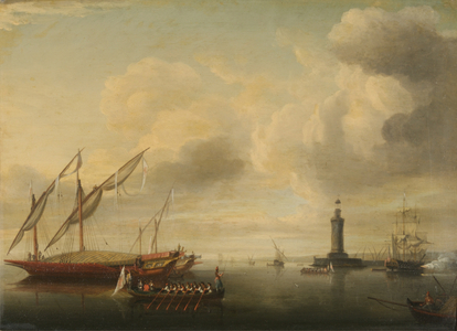 Harbour scene with lighthouse and barge being rowed past a Maltese galley, early 19th century (oil on panel)