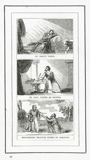 St Paul's Vision; St Paul Writes An Epistle; Melchisedec Receives Tithes Of Abraham (engraving)