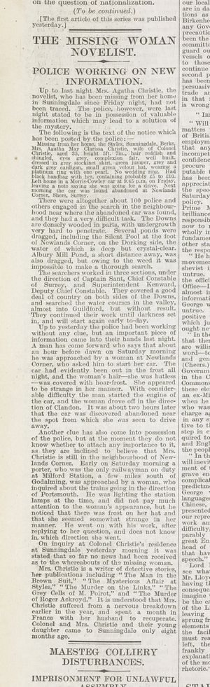 Agatha Christie, Novelist's Disappearance, 'The Daily Mirror', 1926 (newsprint)