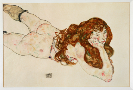 Am Bauch liegender weiblicher Akt - Nude on her … (gouache and black crayon)