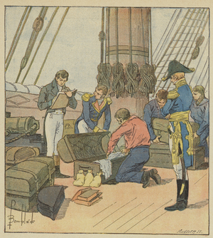 L'amiraute anglaise fait l'inventaire des bagages de Napoleon (colour litho)