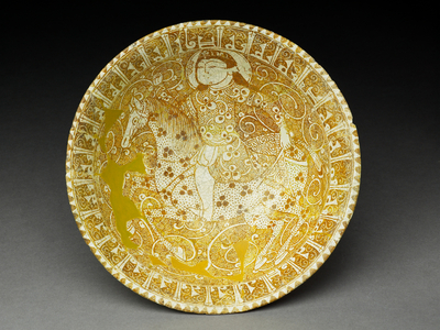Bowl with Horseman and Pseudo-Kufic Insription (fritware with overglaze in lustre)