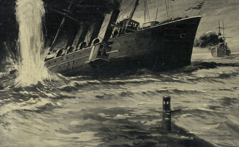 Sinking of a British warship by a German U-boat, World War I (litho)
