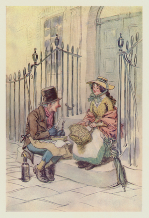 Trotty Veck, with his daughter Meg, dining on the steps (colour litho)