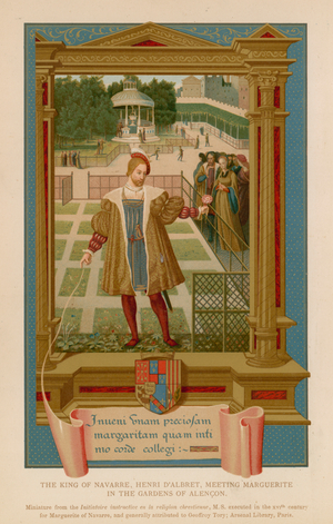 The King of Navarre, Henri D'Albret, meeting Marguerite in the Gardens of Alencon (chromolitho)