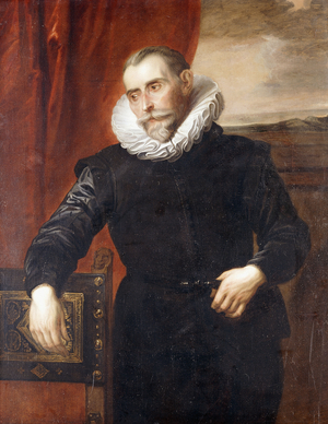 Portrait of Frans Snyders, half-length, in black costume, leaning on a chair, a landscape beyond,  (oil on canvas)