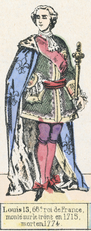 Louis 15, 66e roi de France, monte sur le trone en 1715, mort en 1774 (coloured engraving)