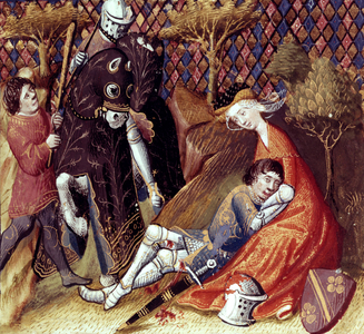 Arthurian legend(quest for the Holy Grail ) : Hector de mares and ladomas wounded is an illumination extracting from the manuscript Lancelot of the lake, dating in the beginning of the 15th century and preserves in the BNf in Paris (FR 118 folio 234v)