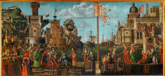 The meeting of Ursula and her fiance Ereo;departure of the pilgrims … (painting on canvas)