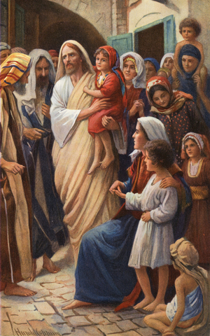 Jesus Blessing Little Children (colour litho)