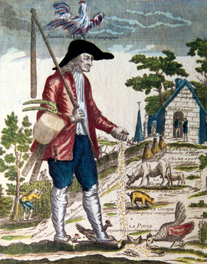 French Revolution : Complaints of the people at the beginning of French revolution : man in the country working hard all his life for too much taxes, engraving