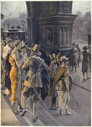 The 1914 Season: a fancy dress ball - late dancers leaving the Albert Hall during the first cold light of the dawn. Published in The Sphere, 20 June 1914. (colour litho)