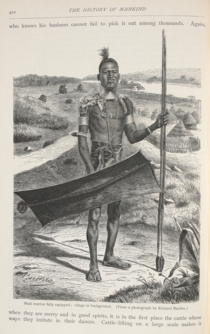 A Shuli warrior fully equipped; a village in the background