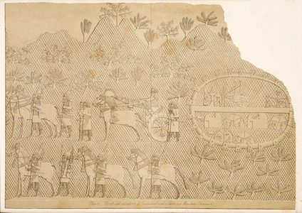 Chariot and attendants of Sennacherib and a Castle on a Mountain (Kouyunjik),  from Monuments of Nineveh, pub. 1849 (engraving)