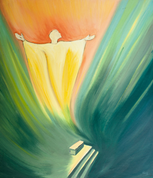 An offering of infinite value ascends from the altar at every Mass as Jesus pleads to the Father on our behalf, 2001 (oil on board)