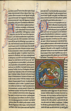 A historiated initial 'O' showing Bartholomew being flayed