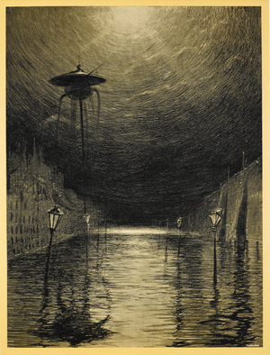One of the Martian tripods standing over a flooded city. Illustration from 'war of the worlds'.