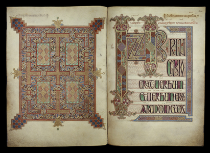 St. John's Gospel; Carpet page and Incipit page, Cotton Nero D. IV, f.210v and f.211r from the Lindisfarne Gospels, 710-721 (vellum)