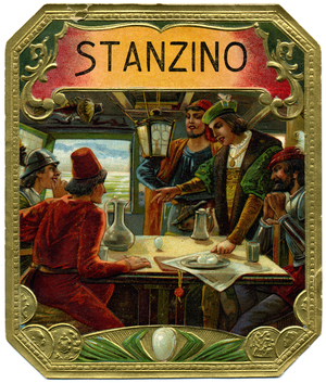 Science. The egg of Columbus. The italian explorator Christopher Columbus tapped an egg on the table breaking it slightly and, with this, the egg stood on its end. Illustration, Italy, c.1900.