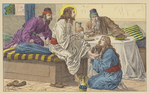 Mary Magdalene at the feet of Jesus (colour litho)