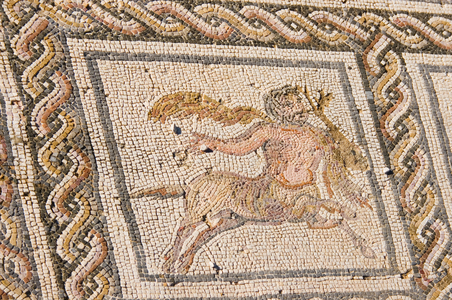 Italica Satiponce Seville Spain.  Detail of mosaic of Dioniso and Ariadna in Roman city of Italica.