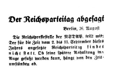 Cancellation of the NSDAP party conference in Nuremberg, 1939 (b/w photo)