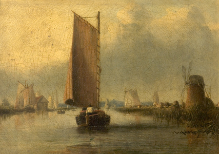 River Scene with Shipping (oil on canvas)