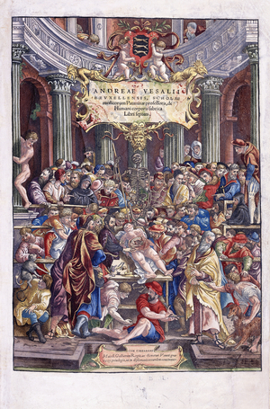 Flemish anatomist and physician, Andreas Vesalius, giving a lesson at the school of medicine in Brussels, 1543 (colour woodcut)