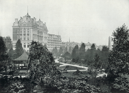 Embankment Gardens, with the Great Hotels, Somerset House, and Cleopatra's Needle (b/w photo)