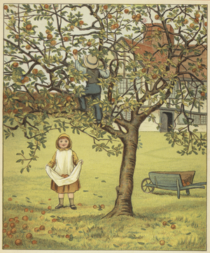 Children picking apples in the orchard (colour litho)