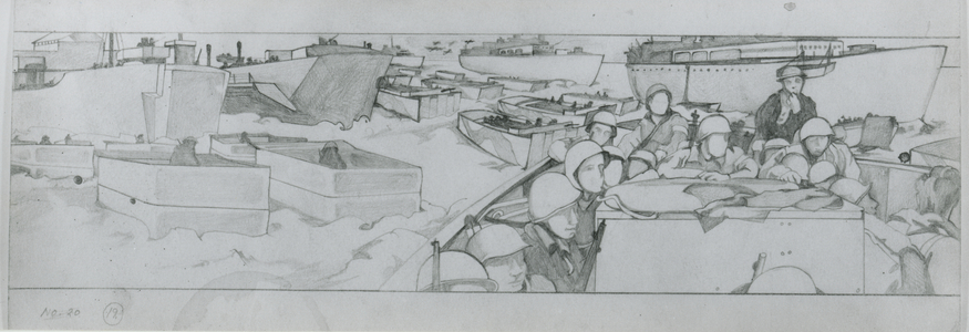 Allied troops wait to go ashore on June 6th (pencil on paper)
