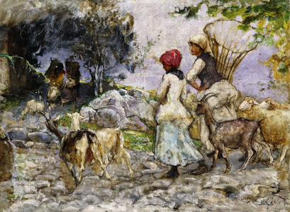 The Goatherds, (oil on panel)
