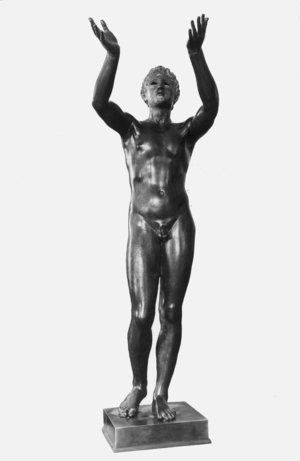 'The Praying Boy' statue (b/w photo)