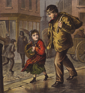 Girl walking through the streets of London in the rain (colour litho)